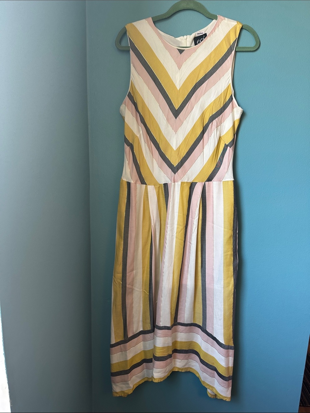 ECI Sleeveless Striped Asymmetrical Midi Dress in Mustard, Blush & Gray